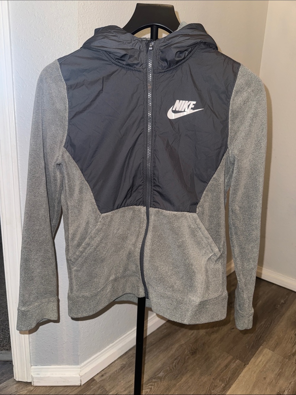 Gray Hooded Fleece Jacket with Black Hood Panel